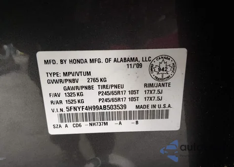 2010 Honda Pilot Touring z USA, uszkodzony, nr VIN 5FNYF4H99AB503539